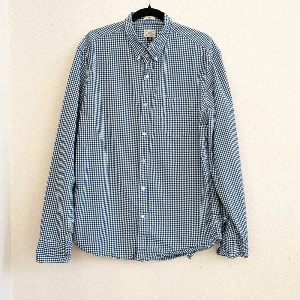 J Crew Slim Fit Stretch Gingham Button Down Shirt Mens XL Green White 98% Cotton